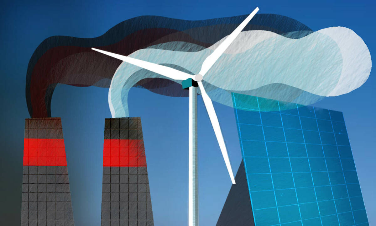 smokestacks, wind turbine, solar panel