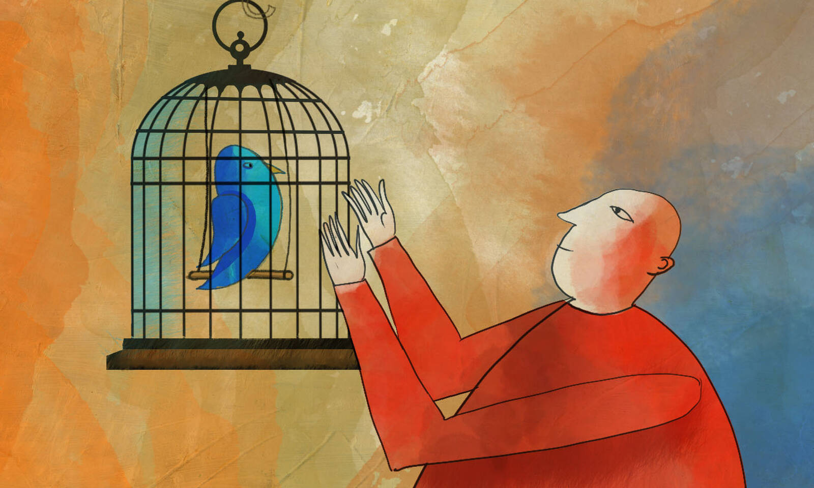 person looking at blue bird in cage