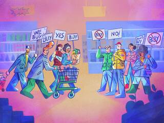 grocery store aisle where two groups of people protest. One group is boycotting, while the other is buycotting