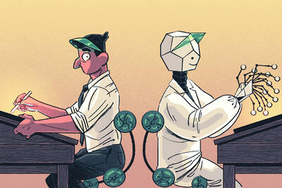 an accountant and a robot accountant wearing green visors work back-to-back at desks.