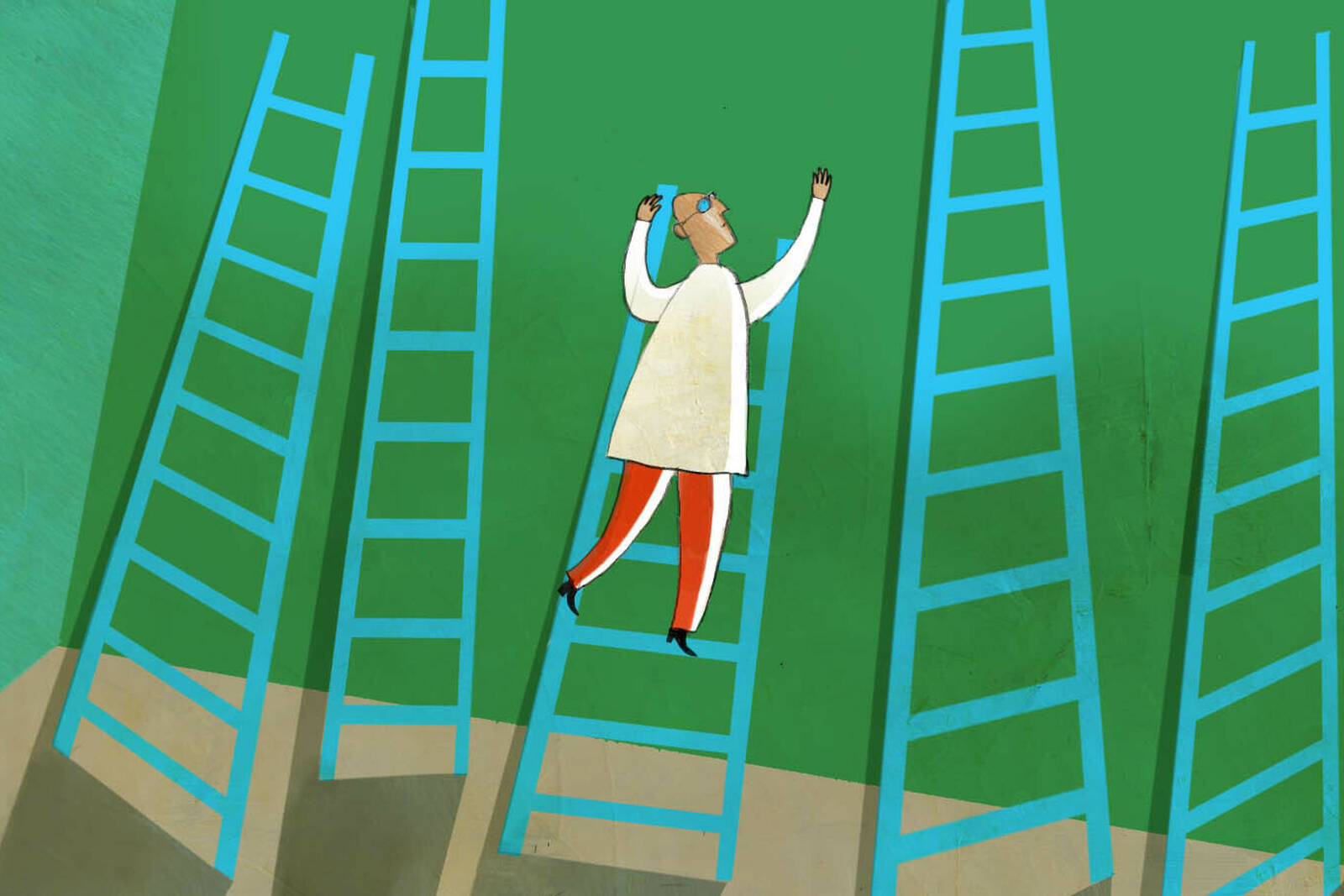 person climbing a small ladder against a wall with longer ladders