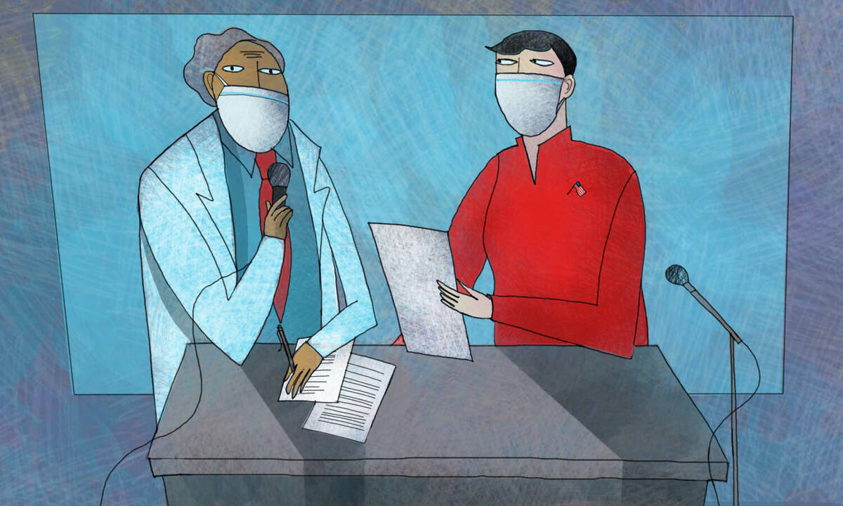 a doctor speaks with a political reporter