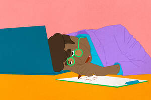 person putting head down on desk, writing, looking stressed out.