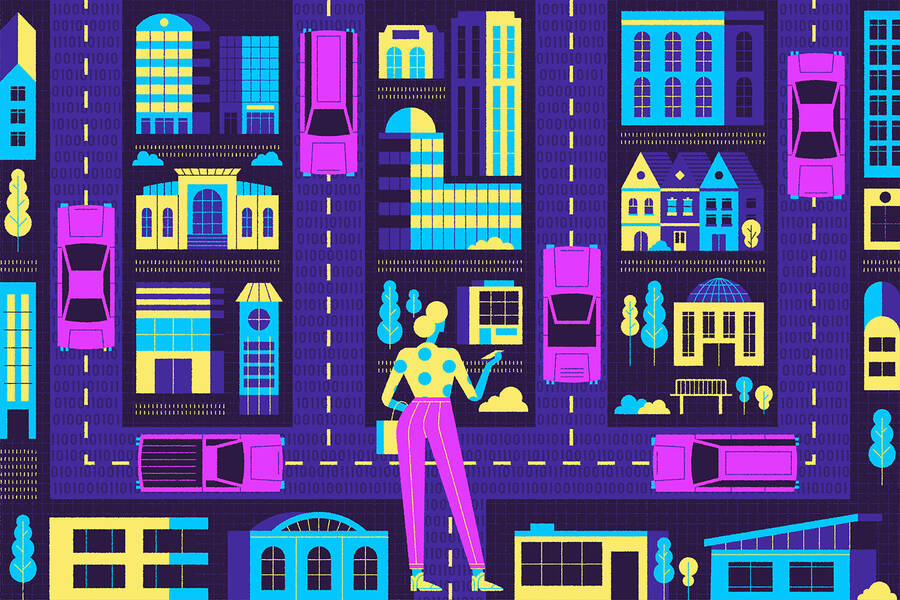 person waiting for rideshare on roads paved with computing code