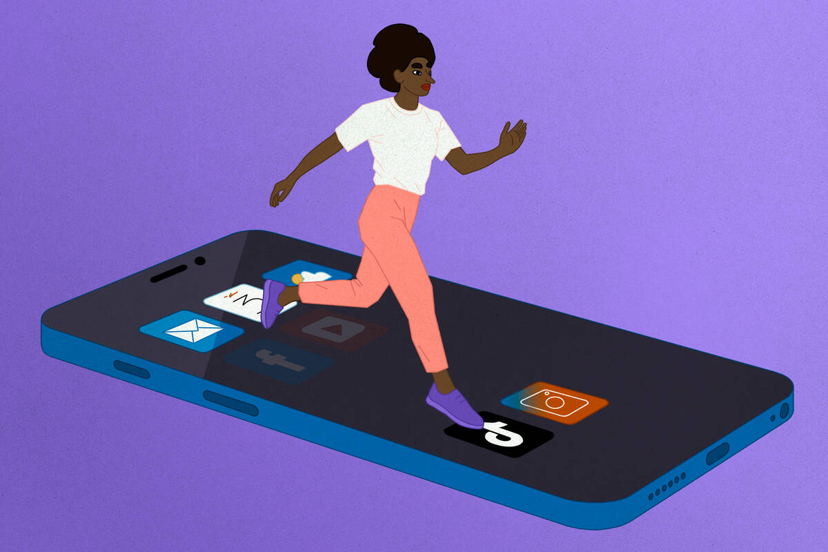 person walking on smartphone, moving from app to app