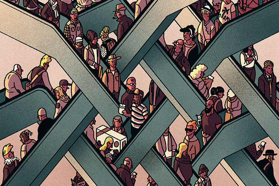 People crowd escalators.
