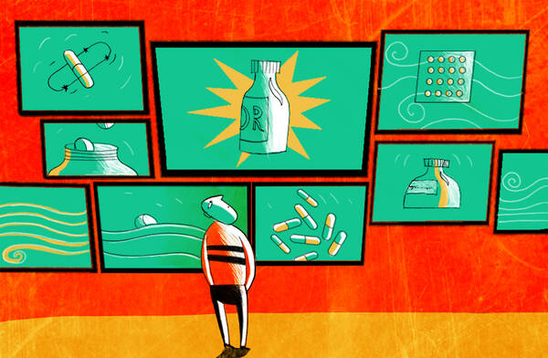 A person watches direct-to-consumer TV drug advertising.