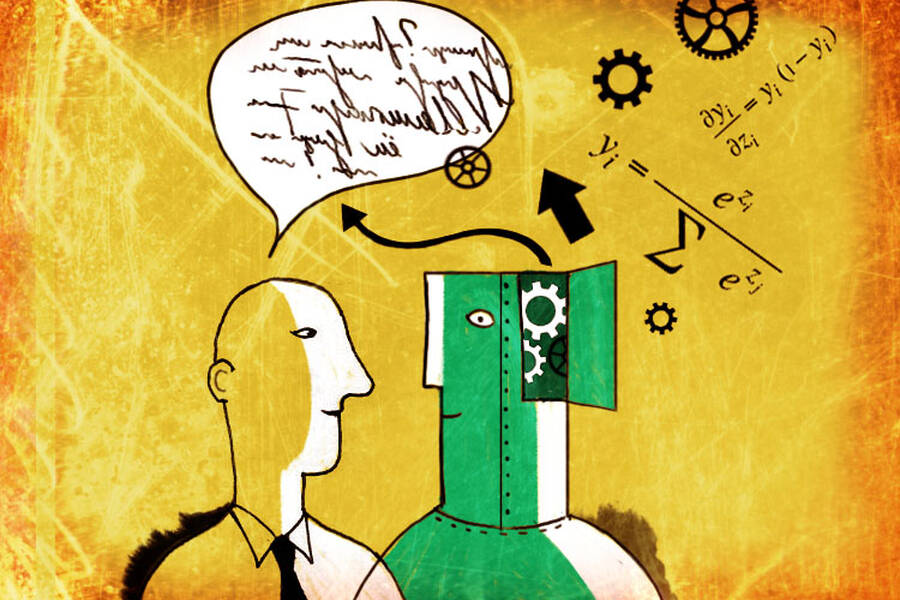 A person and a machine communicate in an attempt to understand each other.