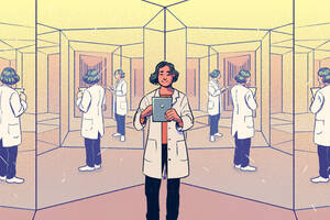 scientist in hall of mirrors