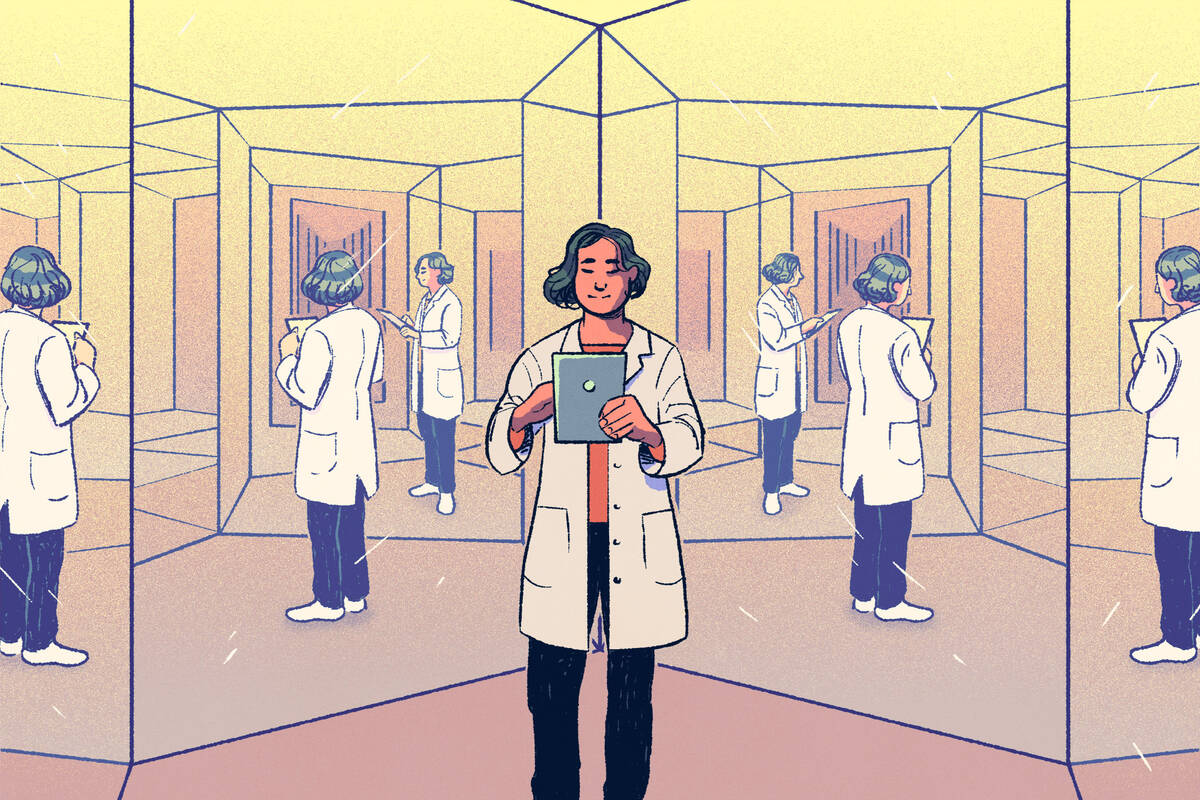 scientist in hall of mirrors