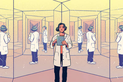 scientist in hall of mirrors