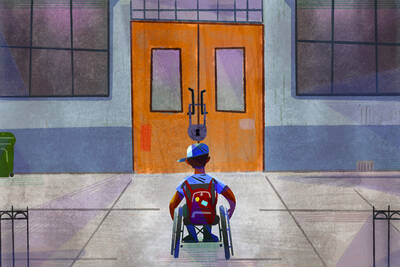 child in wheelchair facing padlocked school doors