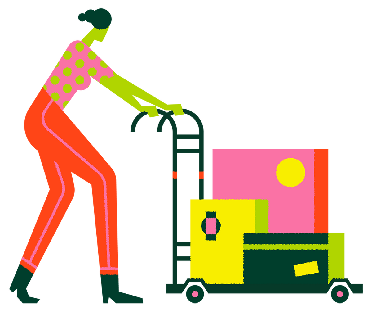 person pushing handcart with packages