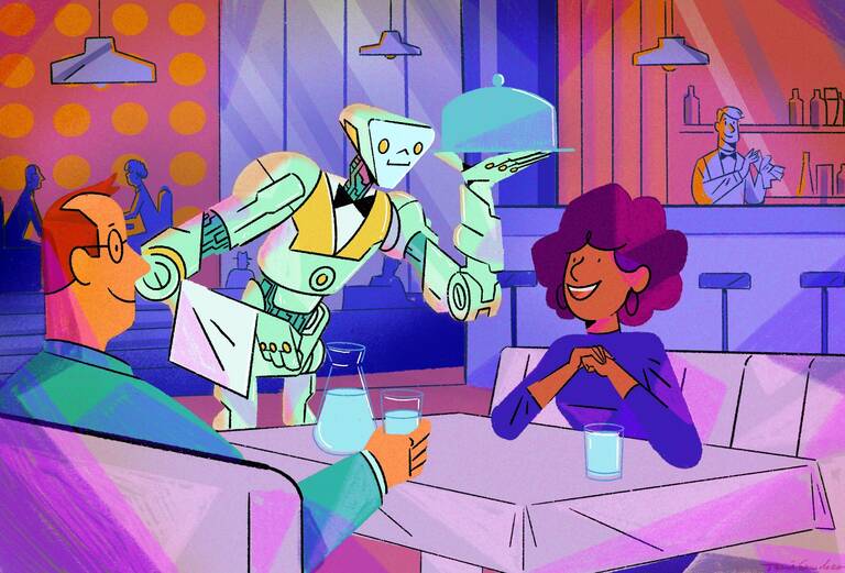 robot waiter serves couple in restaurant
