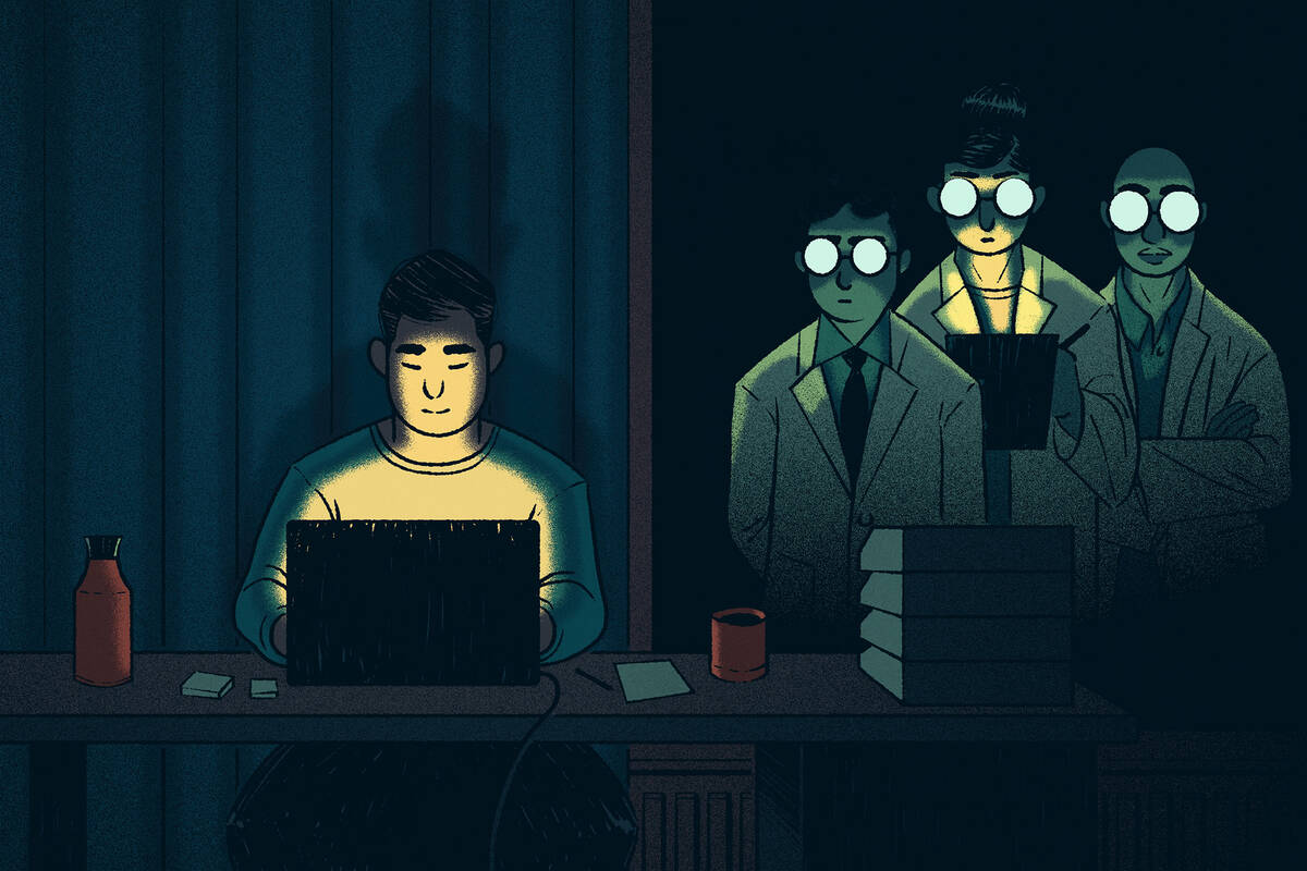 gig worker at computer with three scientists studying them through a window