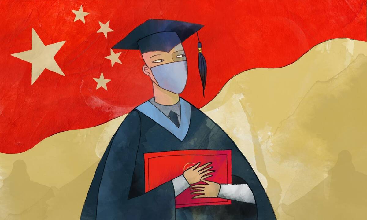 college graduate standing before Chinese flag