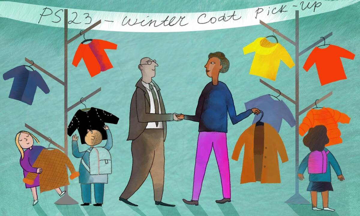 school kids pick out coats at a school coat drive