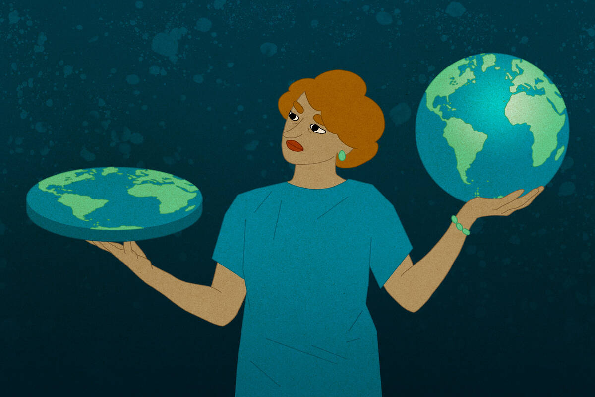 woman holding globe and flat earth