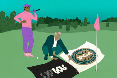 golfer waits while official sews banners for PGA and LIV Golf together