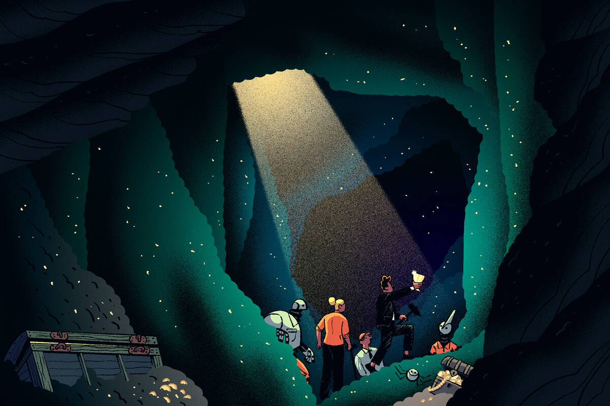 explorers in a cave full of treasure