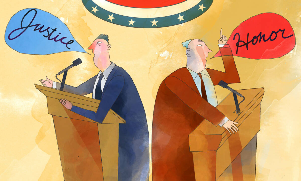 two political candidates back to back at podiums. one saying Justice the other saying honor.