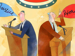 two political candidates back to back at podiums. one saying Justice the other saying honor.