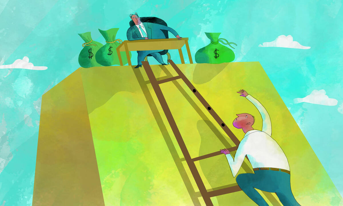 person climbin ladder with missing rungs toward rich boss surrounded by money bags on platform