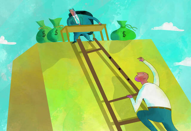 person climbin ladder with missing rungs toward rich boss surrounded by money bags on platform