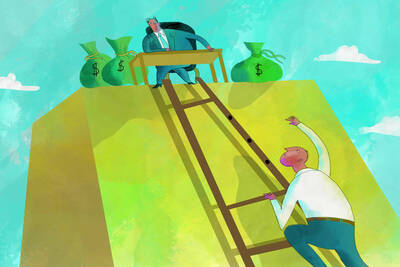 person climbin ladder with missing rungs toward rich boss surrounded by money bags on platform