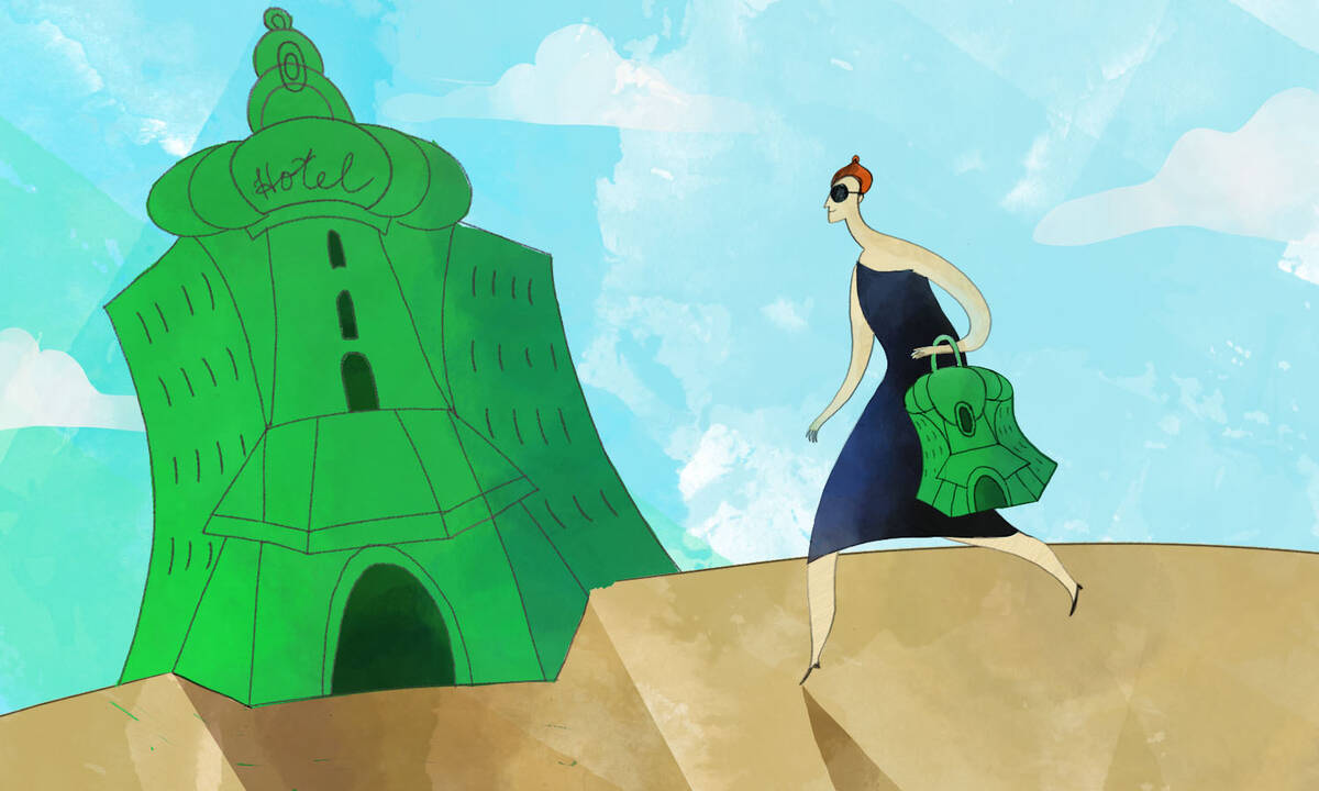woman with green hotel handbag entering green hotel