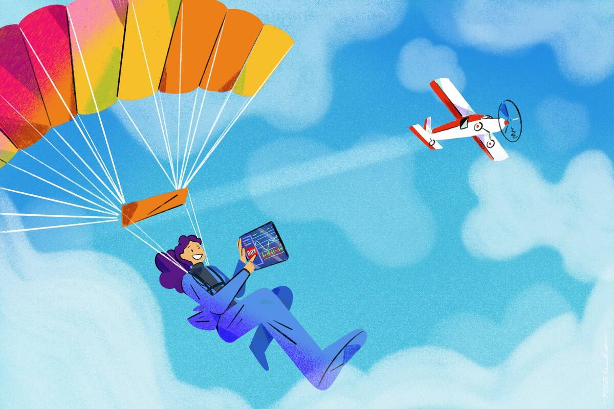 stock trader skydiving with parachute while making stock trade