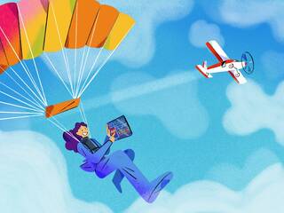 stock trader skydiving with parachute while making stock trade