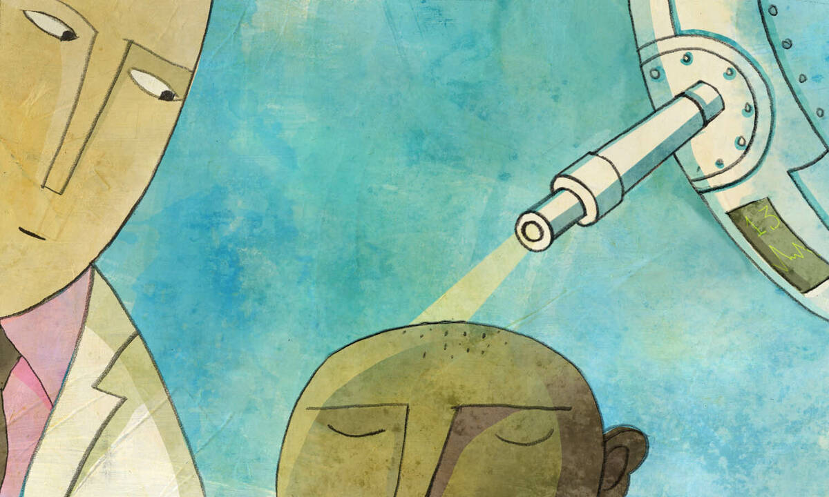Dermatologist and robot look at patient's head