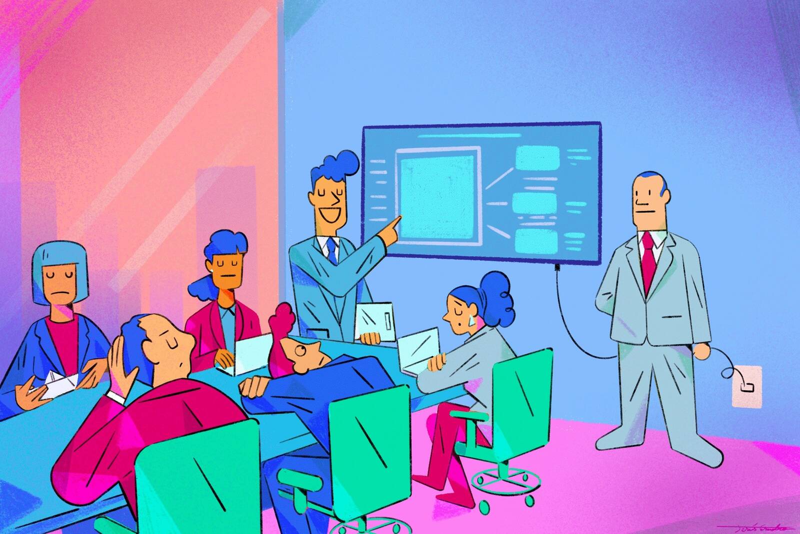 boss pulls plug on employee presentation