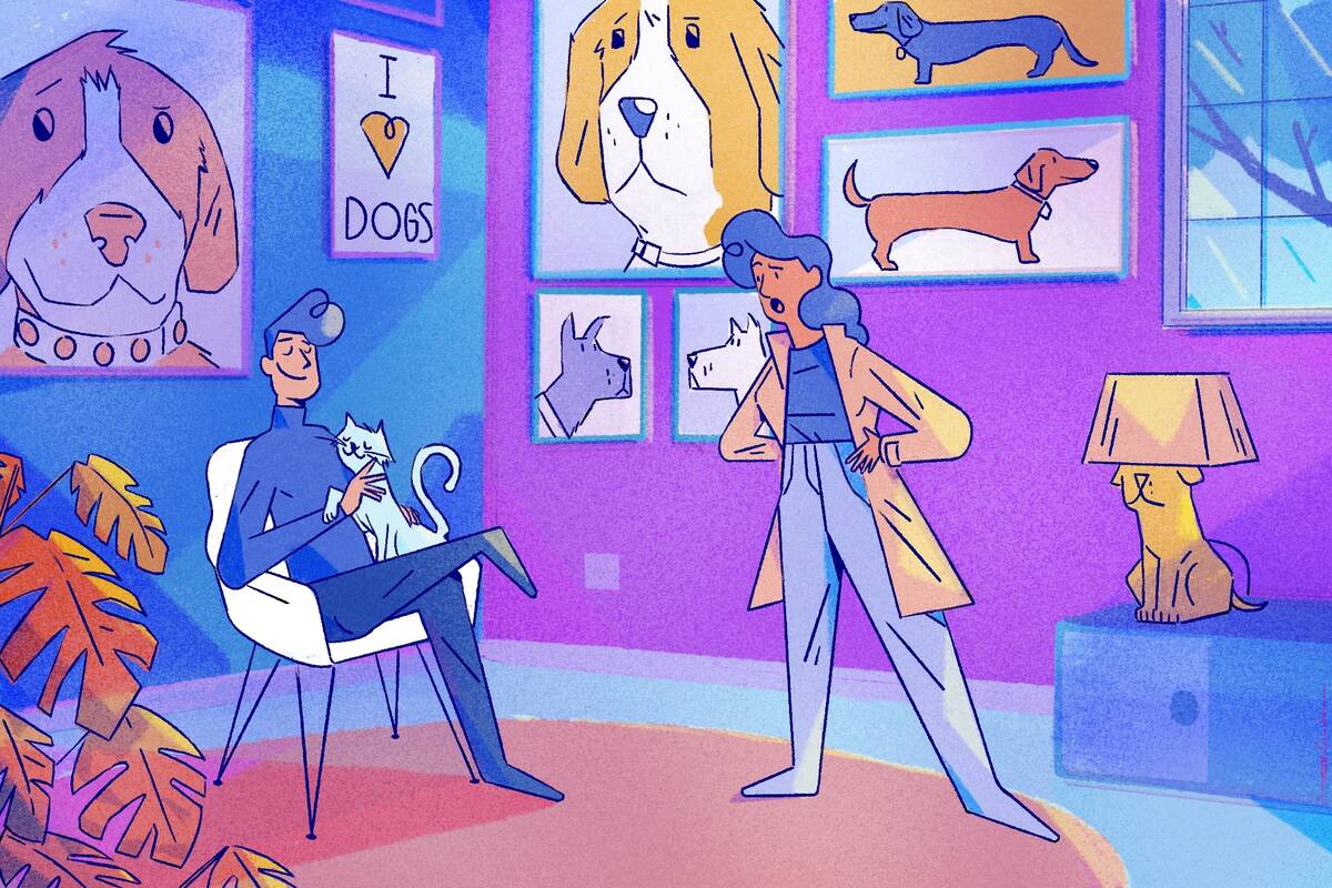 man in room surrounded by dog posters and ephemera, petting a cat, being scolded by another person for their hypocrisy.
