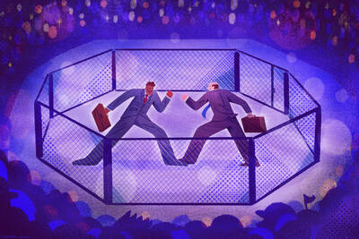 two lawyer stand in an MMA octagon