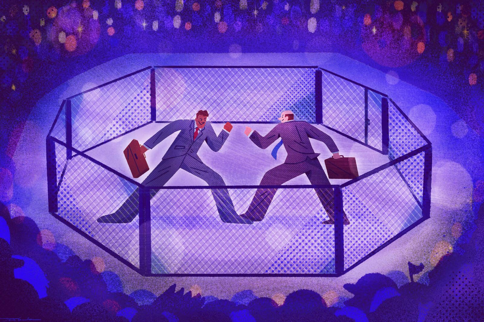 two lawyer stand in an MMA octagon