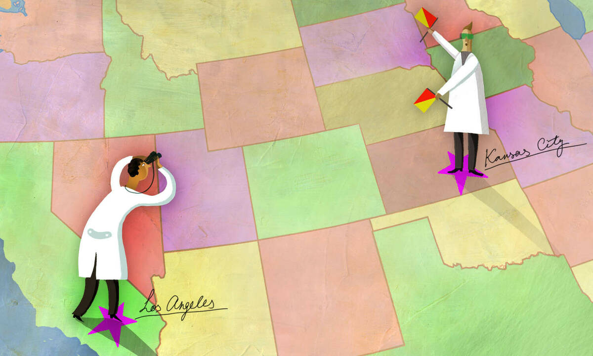 two scientists communicate between Los Angeles and Kansas City using semaphore flags.