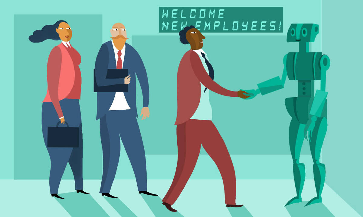 robot greeting new employees at an office