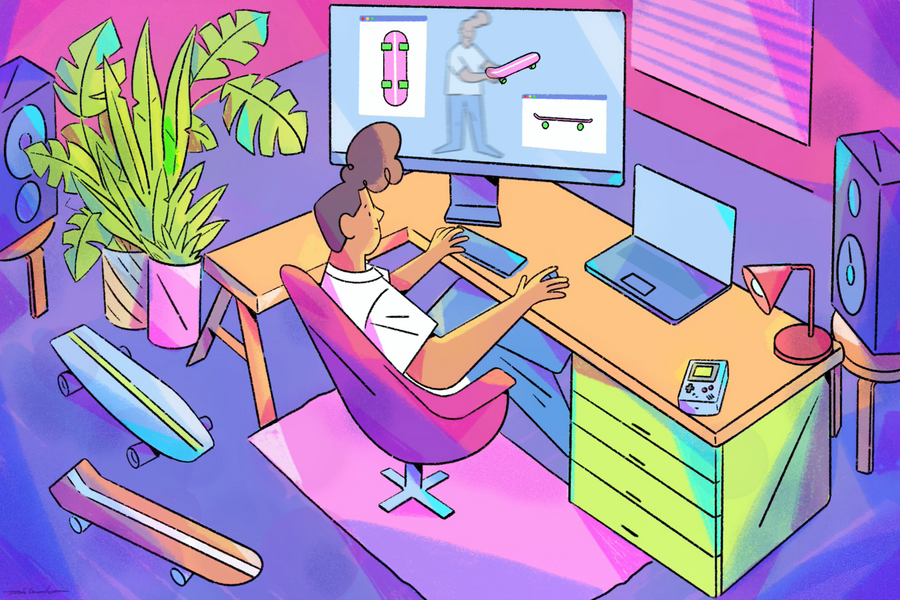 person at computer looking at personalized skateboard advertisement
