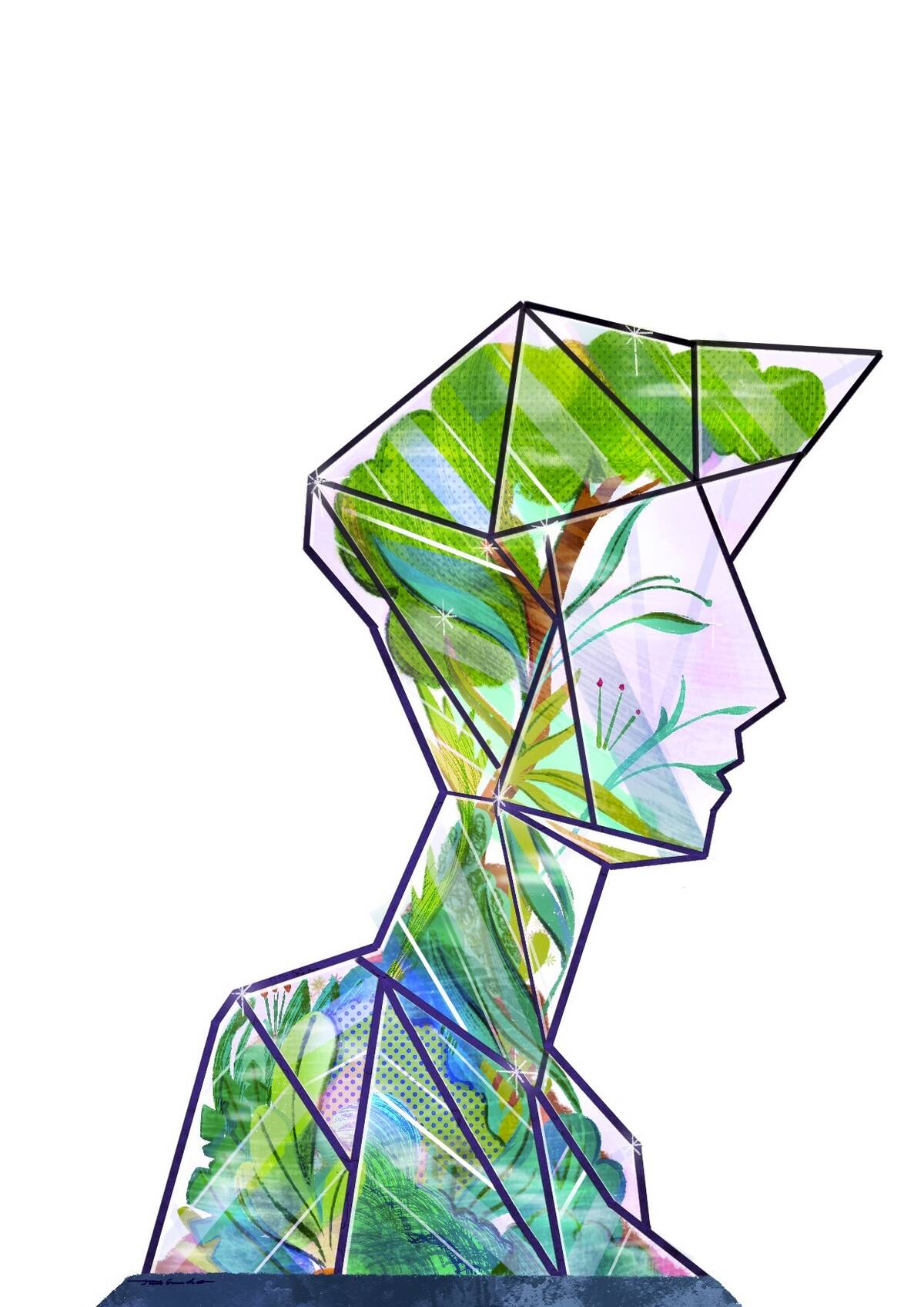 bust of person as glass terrarium