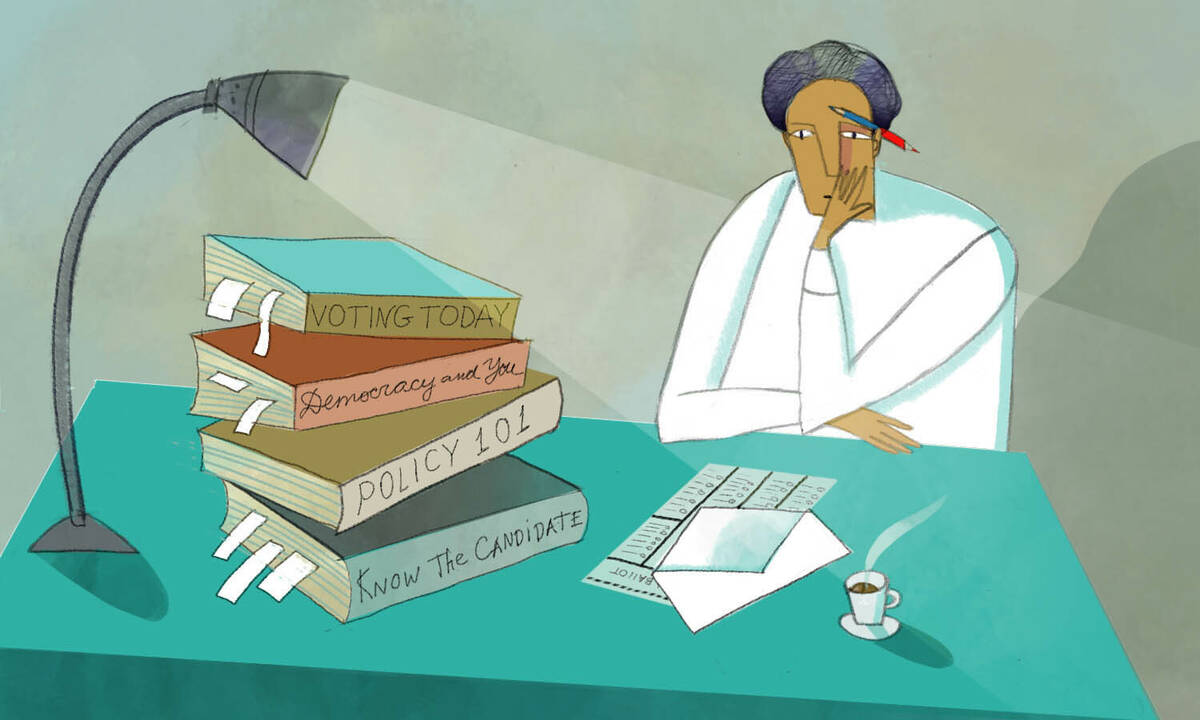 illustration of person at desk with voting ballot and stack of books about voting and policy.