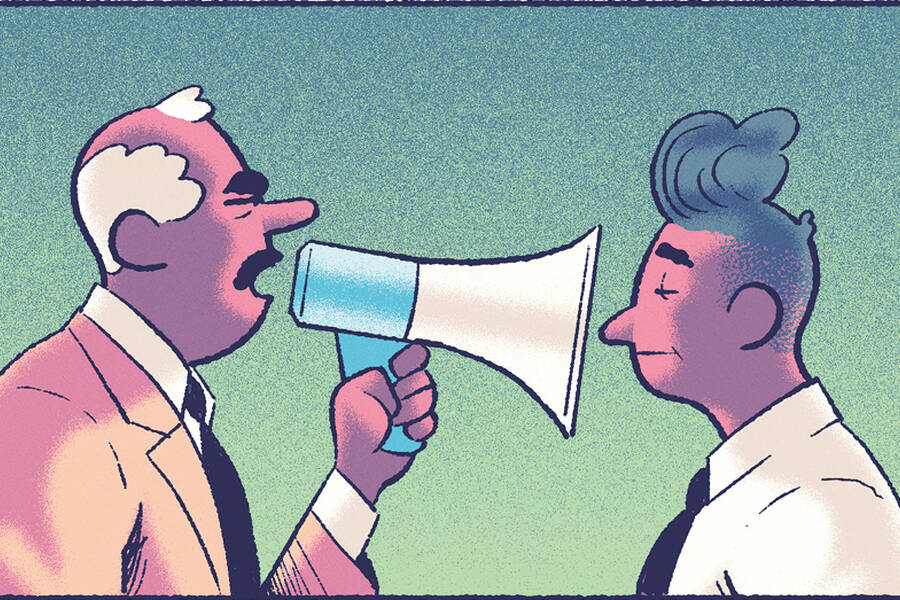 man with bullhorn shouting into another man's face