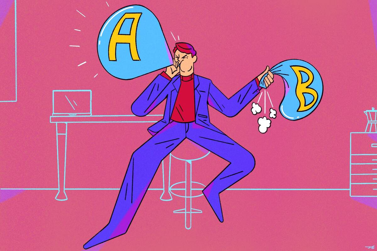 man blowing up a balloon with an A on it and deflating a balloon with a B on it