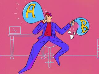 man blowing up a balloon with an A on it and deflating a balloon with a B on it