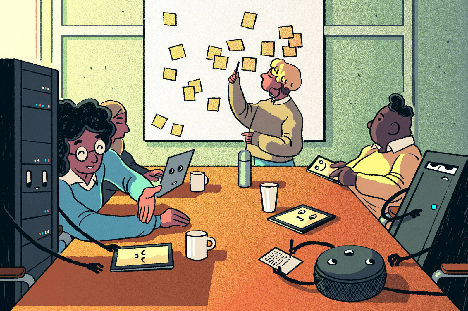 brainstorming meeting with people and AI computers