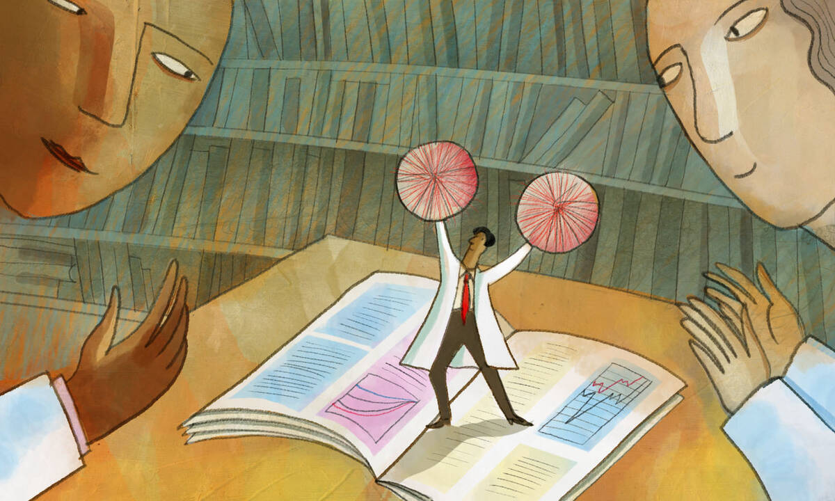 miniature scientist with pompoms stands in journal while full-sized scientists look on.