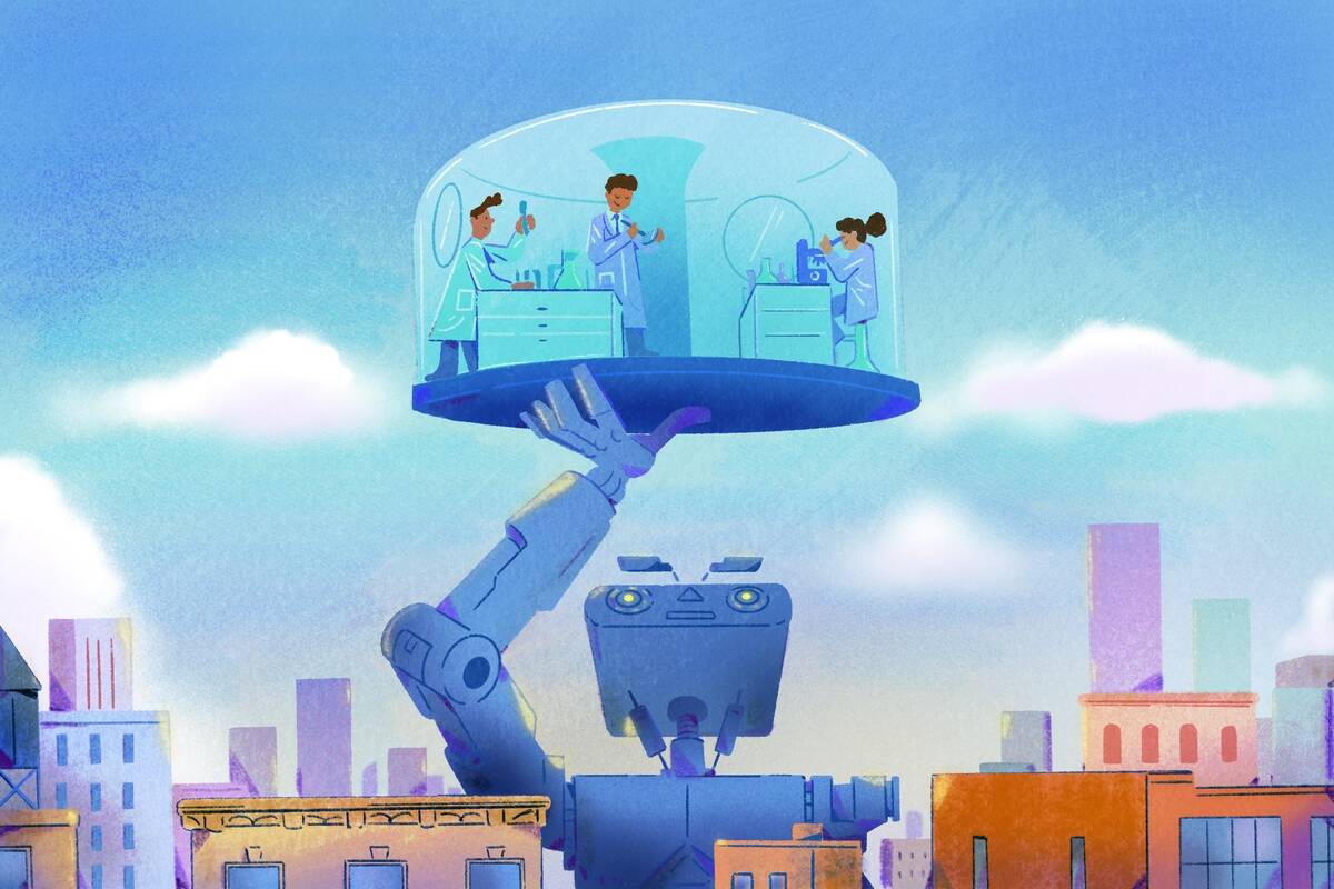 a robot holds a scientific laboratory aloft in a city