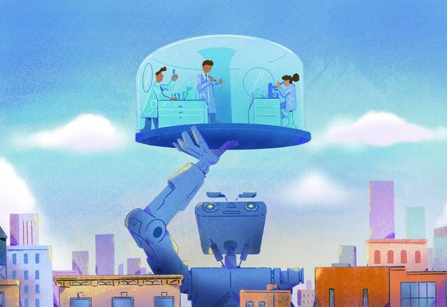 a robot holds a scientific laboratory aloft in a city