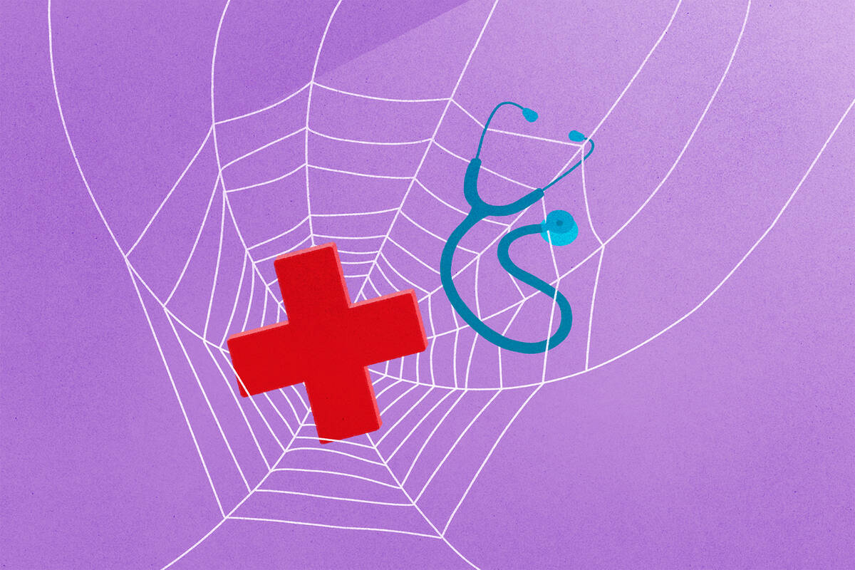 red cross and stethoscope caught in spider web